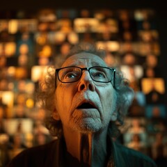 Elderly person looking up, illuminated, with many images in background