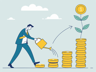 Businessman watering money plant with coins watering can