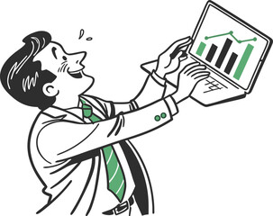 Fototapeta premium Excited man in suit looking at laptop with financial graph green black