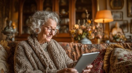 Elderly woman in glasses smiles at a tablet on a couch