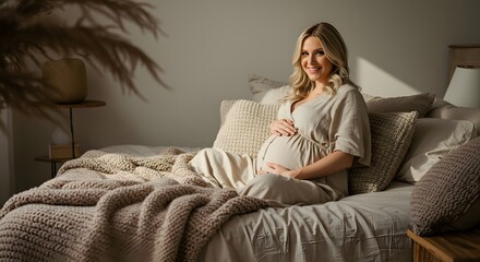 Obraz premium Pregnant woman in a beige dress sitting on a bed, gently holding her belly and smiling.