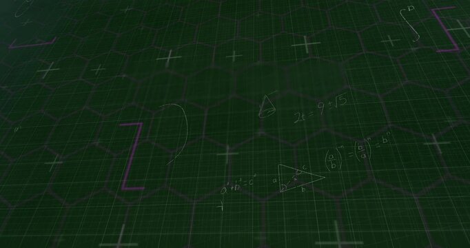 Opening green hex grid initiating symbols drifting, camera panning and visualizing math concepts