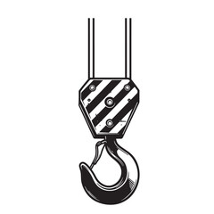 Detailed black and white vector illustration of a heavy duty crane hook mechanism
