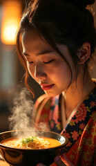 Asian Woman in Kimono Enjoying a Bowl of Hot Soup