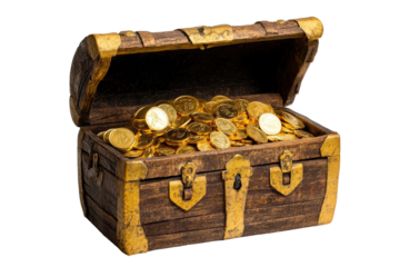 Wooden treasure chest overflowing with gold coins