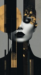Modern surreal portrait of a woman with geometric gold abstraction, textured elements and architectural black design overlays
