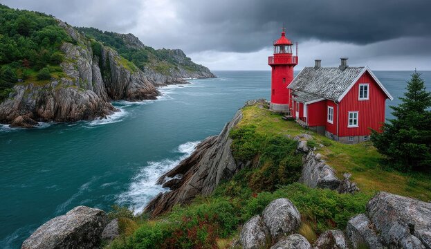 Lighthouse on the coast of Norway, cloudy sky, lighthouses in red and white colors