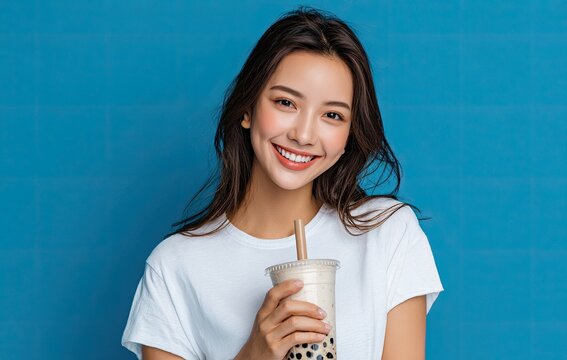 Young, happy, and beautiful Asian woman in a white t-shirt holding a boba milk tea and smiling, isolated on a blue background - Powered by Adobe