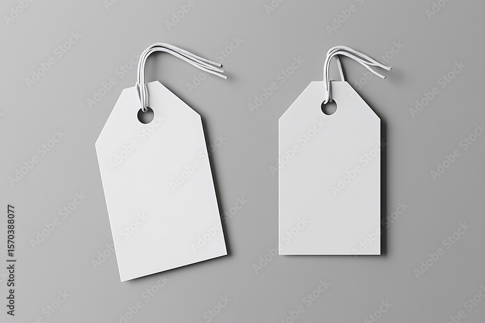 Poster two blank white tags with string on gray background for price or message