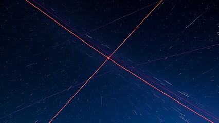 Double-exposure night sky with intersecting vibrant meteor trails, representing celestial events.