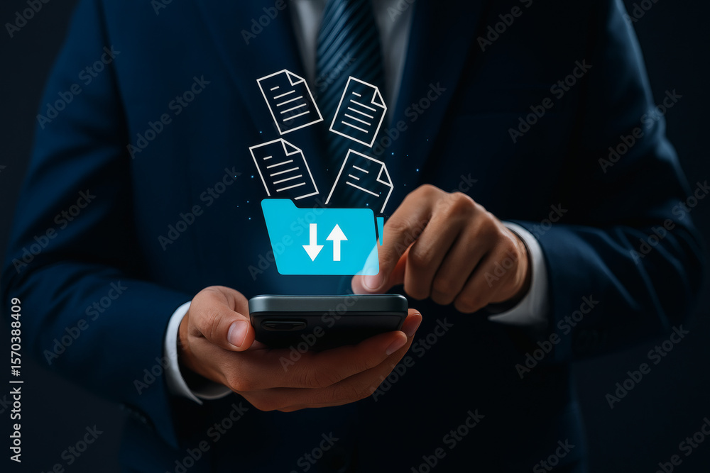 Poster document management system (dms) and cloud storage concept. user uploading or downloading files on a