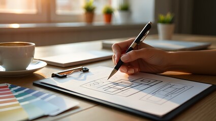 Designer sketching website layout ui ux design wireframe with pen and coffee on desk concept art