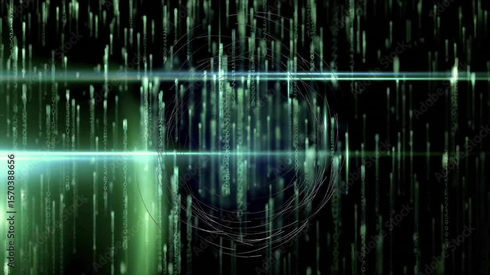 Aufkleber initial beam slicing midline initiating wireframe rings rotating as code streams cascading in loop