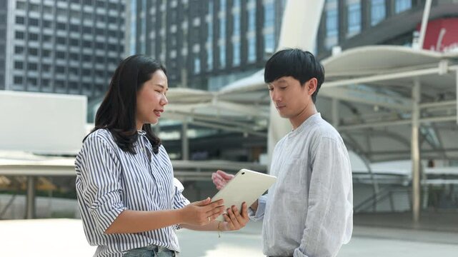 slow motion real estate agent woman explaining about health care and home or car insurance plan to customer about payment per year for lifestyle people and insurance consulting concept
