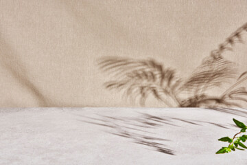 Green plant branches on ceramic table with beige fabric background under sunlight.