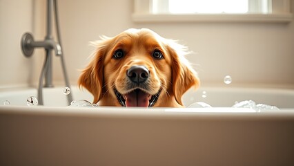 Golden retriever peeking from behind a bathtub with bubbles, capturing a playful and warm pet moment.
