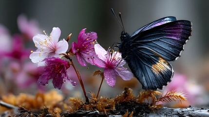 Dark butterfly on pink cherry blossoms, forest background, spring nature scene