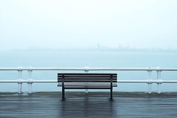 Bench on a misty pier with blurred cityscape, calm sea, and railing
