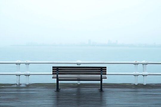Bench on a misty pier with blurred cityscape, calm sea, and railing