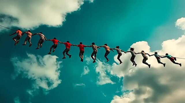 Group of people performing a tightrope walk against a vibrant sky with clouds, showcasing teamwork