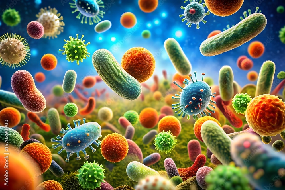 Poster a vibrant microscopic world teeming with diverse bacteria viruses and spherical microorganisms in a 