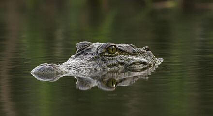 Obraz premium A crocodile's head partially emerging from the surface of a calm, murky river.