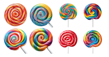 Colorful Swirled Lollipops in Various Colors and Designs, PNG bundle collection, Isolated on Transparent Background