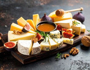 Assorted Cheese Selection With Figs Honey And Walnuts