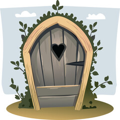 A whimsical  airy door with an arched top, made of soft wood planks and surrounded by vines and flowers. The door has a heart-shaped knocker and a tiny round handle.