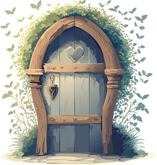 A whimsical  airy door with an arched top, made of soft wood planks and surrounded by vines and flowers. The door has a heart-shaped knocker and a tiny round handle.