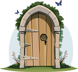 A whimsical  airy door with an arched top, made of soft wood planks and surrounded by vines and flowers. The door has a heart-shaped knocker and a tiny round handle.