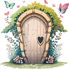 A whimsical  airy door with an arched top, made of soft wood planks and surrounded by vines and flowers. The door has a heart-shaped knocker and a tiny round handle.