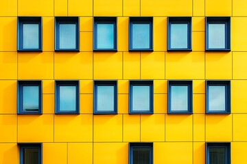 Bright yellow building facade with blue framed windows in geometric pattern detail