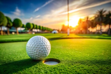 Golf ball poised on the green near the hole at sunset with a dramatic sky