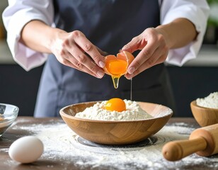 Hands Breaking Egg Into Flour Bowl For Baking