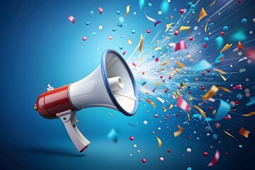 Megaphone unleashes a burst of colorful confetti and celebration sparks on a blue background
