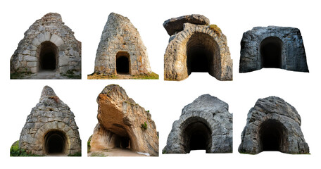 Ancient Stone Arches and Caverns in Historic Landscape Setting, isolated on transparent background