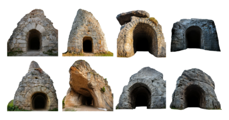 Ancient Stone Arches and Caverns in Historic Landscape Setting, isolated on transparent background