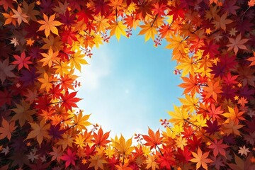 Mesmerizing Autumn Leaf Vortex Vibrant Reds, Oranges, and Yellows Swirl in a Perfect Circle Against a Clear Blue Sky.  Rustic Fall Landscape Photography.
