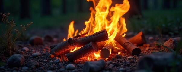 Intense Crackling Bonfire Flames at Twilight A Close-Up of Glowing Embers and Natural Wood