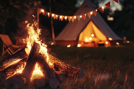 Burning campfire with logs and tent in background at summer night camping - Powered by Adobe