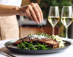 Woman Seasoning Gourmet Steak Dinner Plate