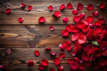Scattered red rose petals and blooms grace a rustic wooden surface creating a romantic ambiance