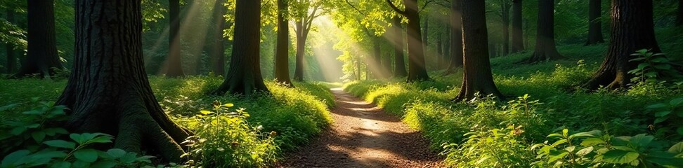 Discover Hidden Tranquility A Sun-Dappled Forest Path Winding Away from the Main Trail, Inviting Exploration and Unveiling the Enchanting Secrets of a Serene Woodland Escape.