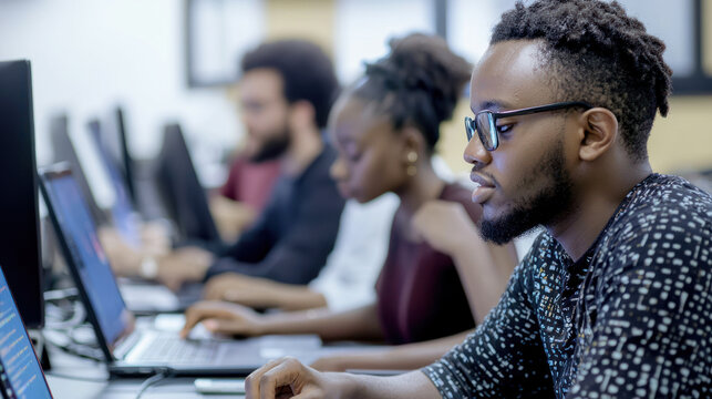 A group of software engineers participating in a code sprint on laptops, working intensively.