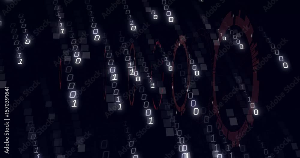 Poster opening screen, red rings pulsing while binary digits streaming, creating rotating digital tunnel