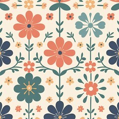 Fototapeta premium Scandinavian Folk Art Flowers Symmetrical simple and decorative floral design.