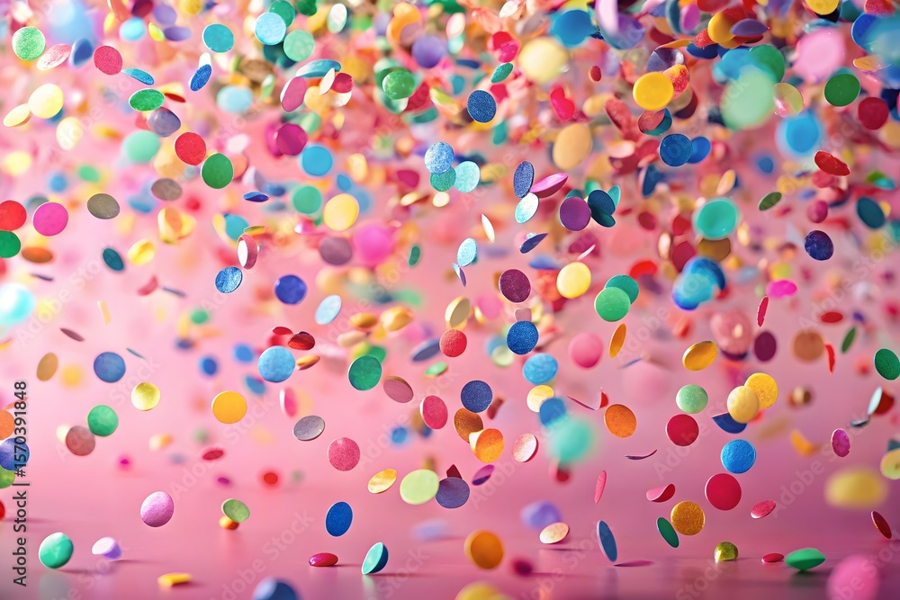 Poster a vibrant explosion of colorful confetti raining down on a soft pink background creating a festive a