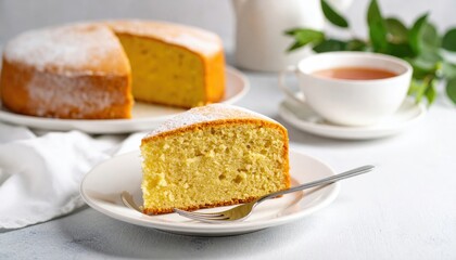 Slice Of Simple Golden Cake With Tea