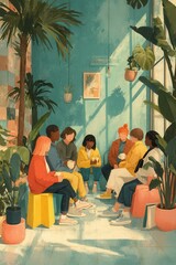 Group of diverse people in a sunny room with lush greenery